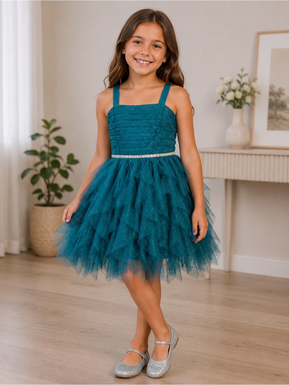 Rare Editions • NWT Teal Glitter Tulle Dress for Girls